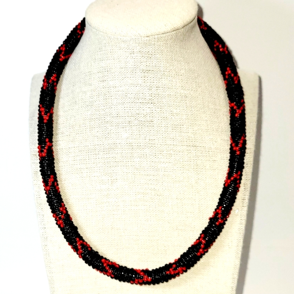 Seed Bead Rope Collar Necklace, Black with Red Zig Zag Motif